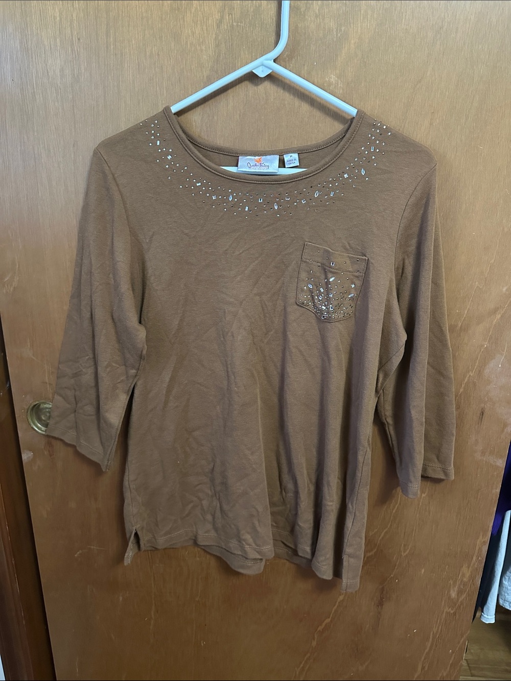 Quacker Factory Brown Long Sleeve Tee with Jeweled Neck and Pocket